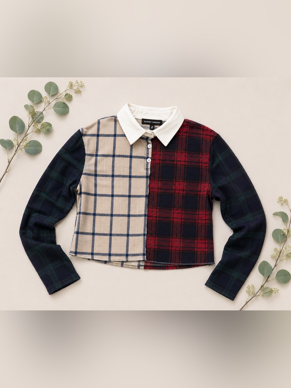 Almost Famous Mixed Plaid Cropped Blouse | Patchwork Preppy Top